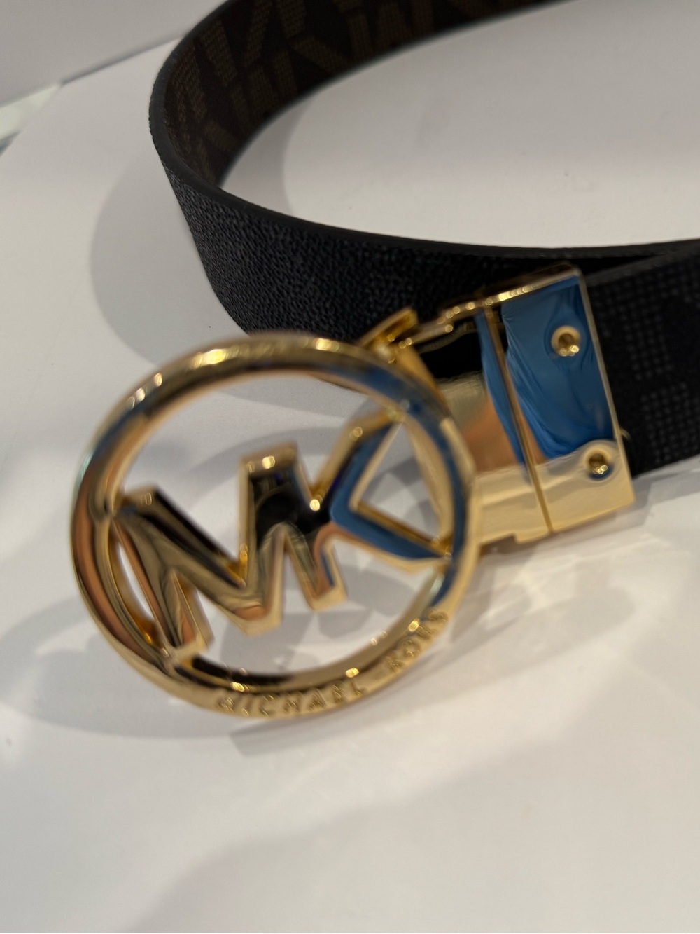 Michael Kors Reversible MK Logo Belt Brown/ Black Signatures with Gold Buckle